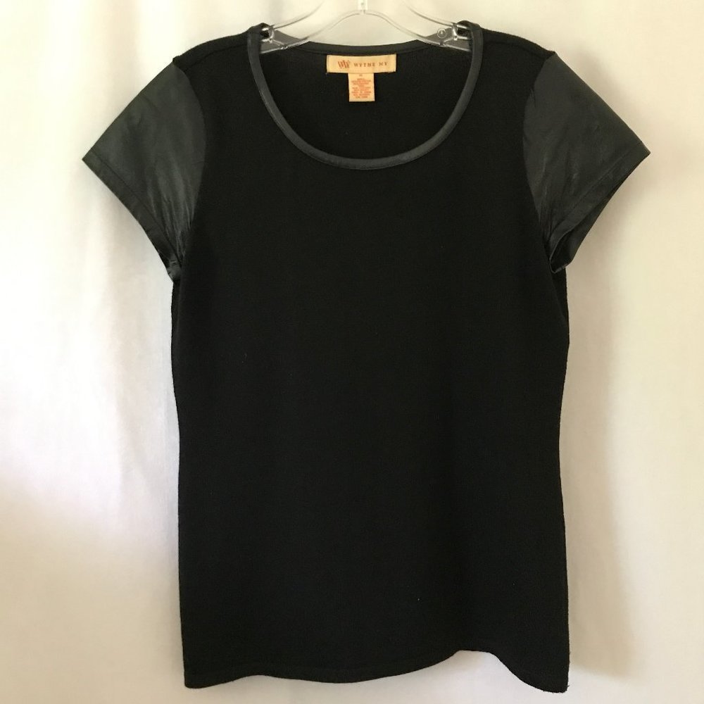 Wythe NY Black Short Sleeve Sweater, Leather Trim